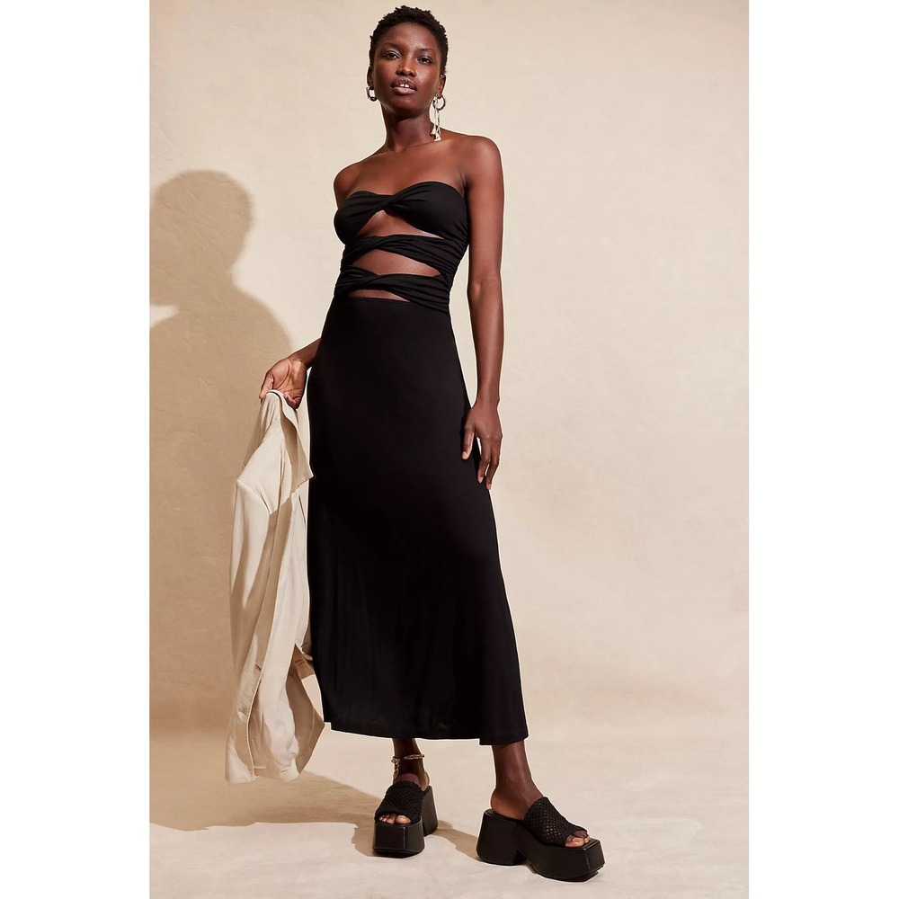 Free People Beach Size L Dress Embrace Midi Black Strapless Ruched Bust Cutouts